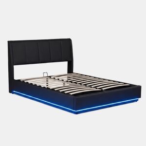 Cama estofada Tröstiar LED com base de ripas dobrável linho 140x200cm - Preto en.casa