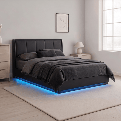 Cama estofada Tröstiar LED com base de ripas dobrável linho 140x200cm - Preto en.casa Cama estofada Tröstiar LED com base de ripas dobrável linho 140x200cm - Preto en.casa