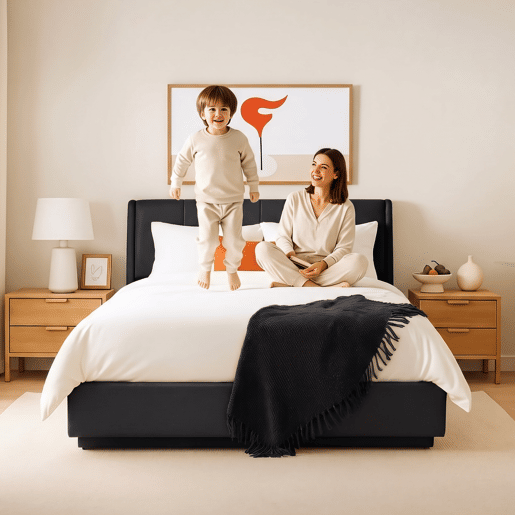 Cama estofada Tröstiar LED com base de ripas dobrável linho 140x200cm - Preto en.casa Cama estofada Tröstiar LED com base de ripas dobrável linho 140x200cm - Preto en.casa