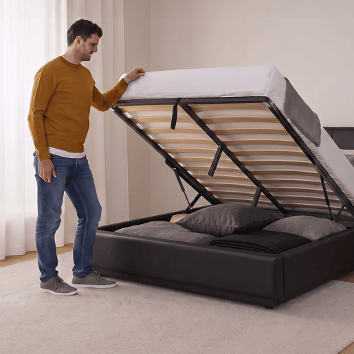 Cama estofada Tröstiar LED com base de ripas dobrável linho 140x200cm - Preto en.casa Cama estofada Tröstiar LED com base de ripas dobrável linho 140x200cm - Preto en.casa