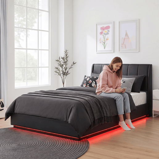 Cama estofada Tröstiar LED com base de ripas dobrável linho 140x200cm - Preto en.casa Cama estofada Tröstiar LED com base de ripas dobrável linho 140x200cm - Preto en.casa
