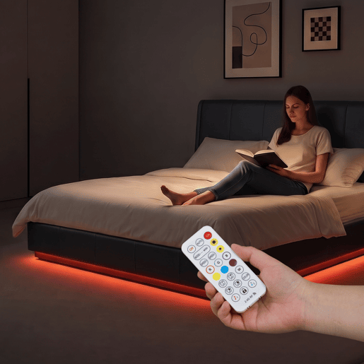 Cama estofada Tröstiar LED com base de ripas dobrável linho 140x200cm - Preto en.casa Cama estofada Tröstiar LED com base de ripas dobrável linho 140x200cm - Preto en.casa