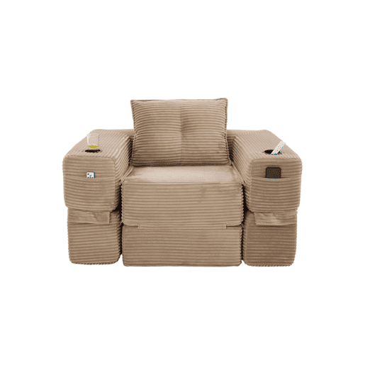 Sofá-cama de 1 lugar - espuma de alta densidade, núcleo de molas, bolso lateral e porta-copos, dobrável - Cáqui Sofá-cama de 1 lugar - espuma de alta densidade, núcleo de molas, bolso lateral e porta-copos, dobrável - Cáqui