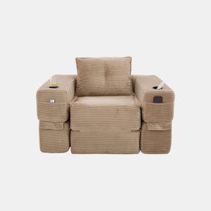 Sofá-cama de 1 lugar - espuma de alta densidade, núcleo de molas, bolso lateral e porta-copos, dobrável - Cáqui