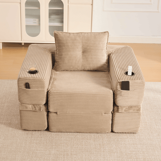 Sofá-cama de 1 lugar - espuma de alta densidade, núcleo de molas, bolso lateral e porta-copos, dobrável - Cáqui Sofá-cama de 1 lugar - espuma de alta densidade, núcleo de molas, bolso lateral e porta-copos, dobrável - Cáqui