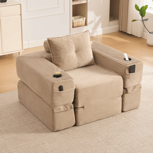 Sofá-cama de 1 lugar - espuma de alta densidade, núcleo de molas, bolso lateral e porta-copos, dobrável - Cáqui Sofá-cama de 1 lugar - espuma de alta densidade, núcleo de molas, bolso lateral e porta-copos, dobrável - Cáqui