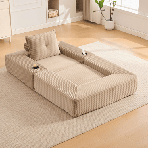 Sofá-cama de 1 lugar - espuma de alta densidade, núcleo de molas, bolso lateral e porta-copos, dobrável - Cáqui Sofá-cama de 1 lugar - espuma de alta densidade, núcleo de molas, bolso lateral e porta-copos, dobrável - Cáqui