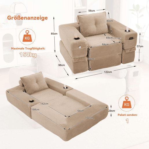 Sofá-cama de 1 lugar - espuma de alta densidade, núcleo de molas, bolso lateral e porta-copos, dobrável - Cáqui Sofá-cama de 1 lugar - espuma de alta densidade, núcleo de molas, bolso lateral e porta-copos, dobrável - Cáqui