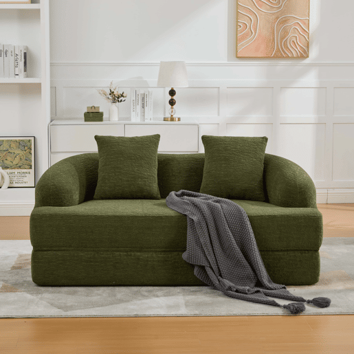 Sofá-cama 2 em 1 de 2 lugares - desdobrável, com duas almofadas, multifuncional para a sala de estar e o quarto de hóspedes - verde chenille Sofá-cama 2 em 1 de 2 lugares - desdobrável, com duas almofadas, multifuncional para a sala de estar e o quarto de hóspedes - verde chenille