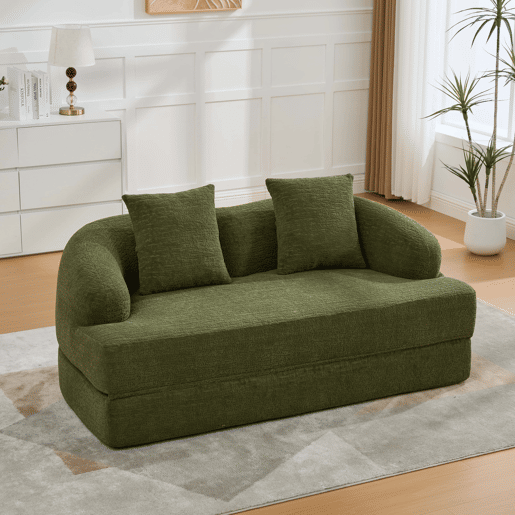 Sofá-cama 2 em 1 de 2 lugares - desdobrável, com duas almofadas, multifuncional para a sala de estar e o quarto de hóspedes - verde chenille Sofá-cama 2 em 1 de 2 lugares - desdobrável, com duas almofadas, multifuncional para a sala de estar e o quarto de hóspedes - verde chenille