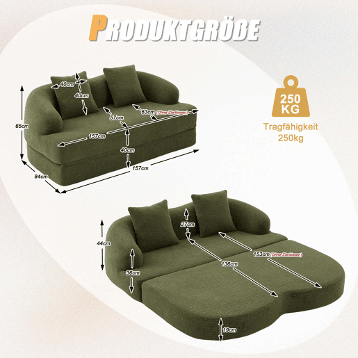 Sofá-cama 2 em 1 de 2 lugares - desdobrável, com duas almofadas, multifuncional para a sala de estar e o quarto de hóspedes - verde chenille Sofá-cama 2 em 1 de 2 lugares - desdobrável, com duas almofadas, multifuncional para a sala de estar e o quarto de hóspedes - verde chenille