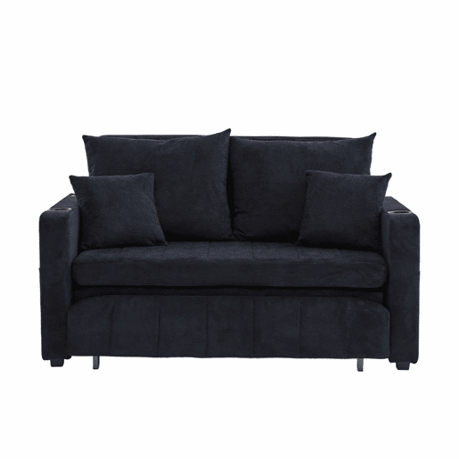 Sofá-cama multifuncional de 2 lugares u2013 sofá extensível, cama dobrável, bolsos de arrumação nos braços, porta-carregador USB e porta-copos u2013 preto