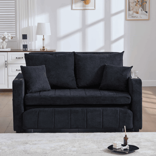 Sofá-cama multifuncional de 2 lugares u2013 sofá extensível, cama dobrável, bolsos de arrumação nos braços, porta-carregador USB e porta-copos u2013 preto