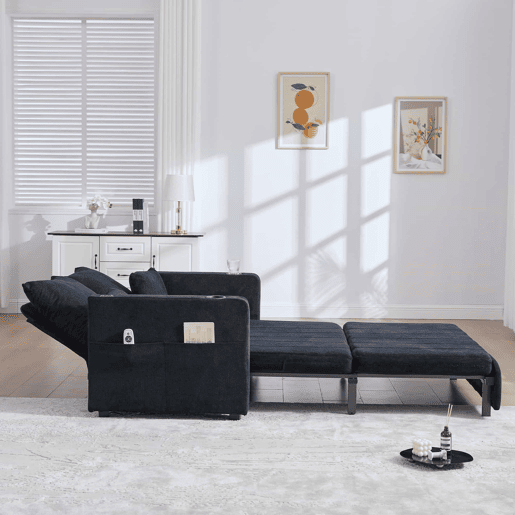 Sofá-cama multifuncional de 2 lugares u2013 sofá extensível, cama dobrável, bolsos de arrumação nos braços, porta-carregador USB e porta-copos u2013 preto