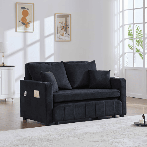 Sofá-cama multifuncional de 2 lugares u2013 sofá extensível, cama dobrável, bolsos de arrumação nos braços, porta-carregador USB e porta-copos u2013 preto