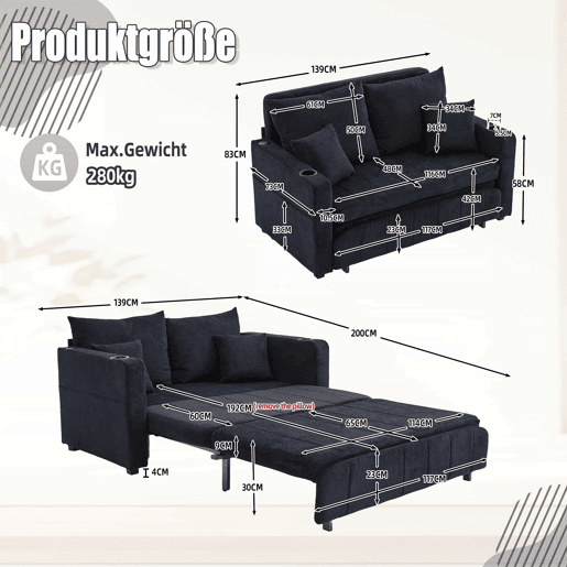 Sofá-cama multifuncional de 2 lugares u2013 sofá extensível, cama dobrável, bolsos de arrumação nos braços, porta-carregador USB e porta-copos u2013 preto