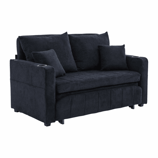 Sofá-cama multifuncional de 2 lugares u2013 sofá extensível, cama dobrável, bolsos de arrumação nos braços, porta-carregador USB e porta-copos u2013 preto