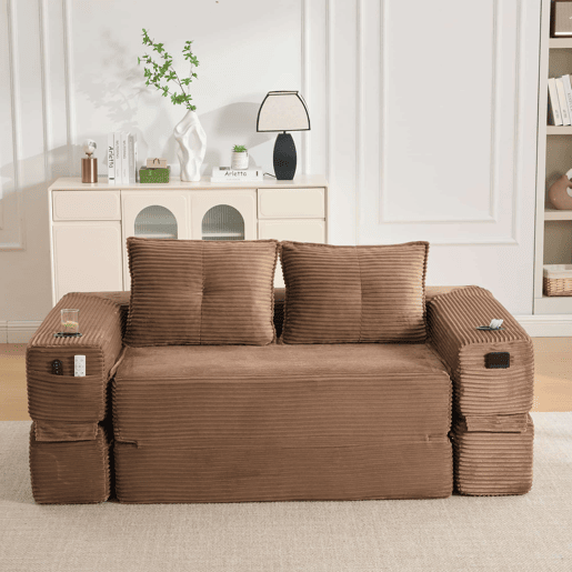 Sofá-cama dobrável de 2 lugares u2013 almofadas de espuma viscoelástica, porta-copos, bolsos laterais, espuma de alta densidade e montagem rápida u2013 Castanho Sofá-cama dobrável de 2 lugares u2013 almofadas de espuma viscoelástica, porta-copos, bolsos laterais, espuma de alta densidade e montagem rápida u2013 Castanho