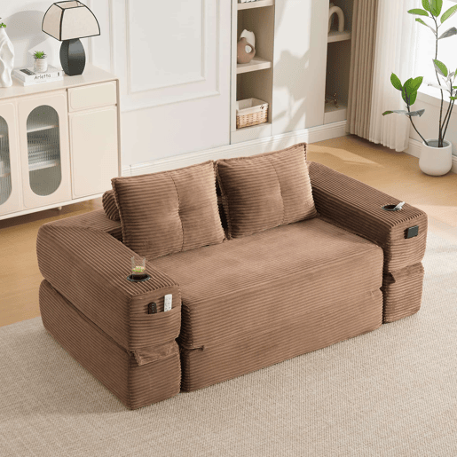 Sofá-cama dobrável de 2 lugares u2013 almofadas de espuma viscoelástica, porta-copos, bolsos laterais, espuma de alta densidade e montagem rápida u2013 Castanho Sofá-cama dobrável de 2 lugares u2013 almofadas de espuma viscoelástica, porta-copos, bolsos laterais, espuma de alta densidade e montagem rápida u2013 Castanho