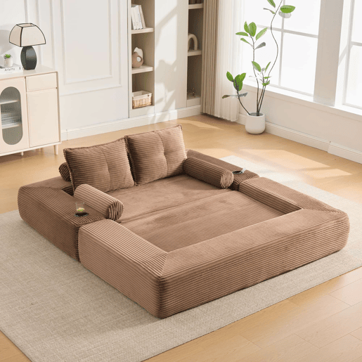 Sofá-cama dobrável de 2 lugares u2013 almofadas de espuma viscoelástica, porta-copos, bolsos laterais, espuma de alta densidade e montagem rápida u2013 Castanho Sofá-cama dobrável de 2 lugares u2013 almofadas de espuma viscoelástica, porta-copos, bolsos laterais, espuma de alta densidade e montagem rápida u2013 Castanho
