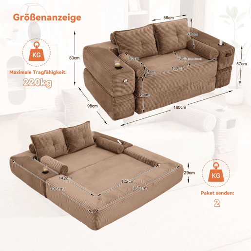 Sofá-cama dobrável de 2 lugares u2013 almofadas de espuma viscoelástica, porta-copos, bolsos laterais, espuma de alta densidade e montagem rápida u2013 Castanho Sofá-cama dobrável de 2 lugares u2013 almofadas de espuma viscoelástica, porta-copos, bolsos laterais, espuma de alta densidade e montagem rápida u2013 Castanho