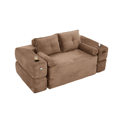 Sofá-cama dobrável de 2 lugares u2013 almofadas de espuma viscoelástica, porta-copos, bolsos laterais, espuma de alta densidade e montagem rápida u2013 Castanho Sofá-cama dobrável de 2 lugares u2013 almofadas de espuma viscoelástica, porta-copos, bolsos laterais, espuma de alta densidade e montagem rápida u2013 Castanho
