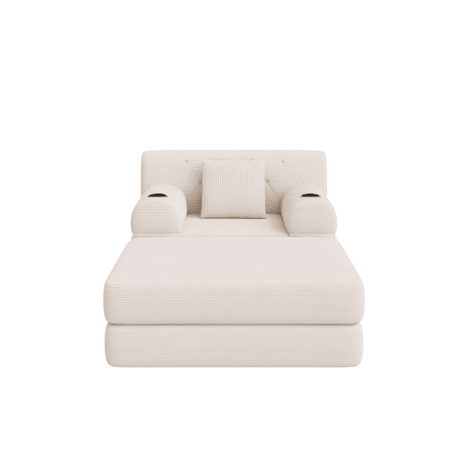 Sofá-cama individual de 1 lugar - poltrona reclinável em veludo com apoio para os pés, encosto alto, estrutura metálica, espuma de alta densidade, porta-copos e bolsos laterais - Bege Sofá-cama individual de 1 lugar - poltrona reclinável em veludo com apoio para os pés, encosto alto, estrutura metálica, espuma de alta densidade, porta-copos e bolsos laterais - Bege