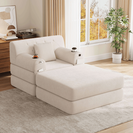 Sofá-cama individual de 1 lugar - poltrona reclinável em veludo com apoio para os pés, encosto alto, estrutura metálica, espuma de alta densidade, porta-copos e bolsos laterais - Bege Sofá-cama individual de 1 lugar - poltrona reclinável em veludo com apoio para os pés, encosto alto, estrutura metálica, espuma de alta densidade, porta-copos e bolsos laterais - Bege