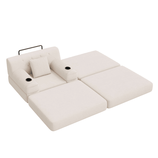 Sofá-cama individual de 1 lugar - poltrona reclinável em veludo com apoio para os pés, encosto alto, estrutura metálica, espuma de alta densidade, porta-copos e bolsos laterais - Bege Sofá-cama individual de 1 lugar - poltrona reclinável em veludo com apoio para os pés, encosto alto, estrutura metálica, espuma de alta densidade, porta-copos e bolsos laterais - Bege