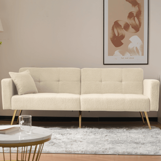 Sofás de 2 lugares - reclináveis, pés dourados, com almofadas e bolsos laterais - bege Sofás de 2 lugares - reclináveis, pés dourados, com almofadas e bolsos laterais - bege
