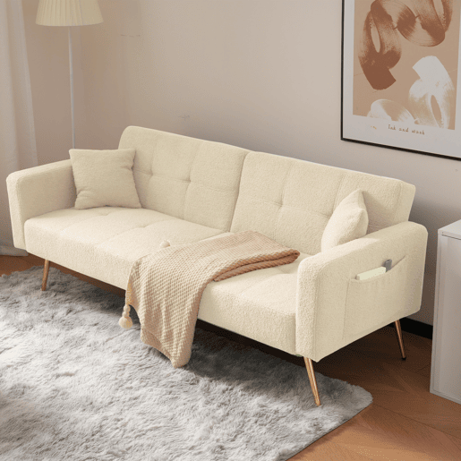 Sofás de 2 lugares - reclináveis, pés dourados, com almofadas e bolsos laterais - bege Sofás de 2 lugares - reclináveis, pés dourados, com almofadas e bolsos laterais - bege