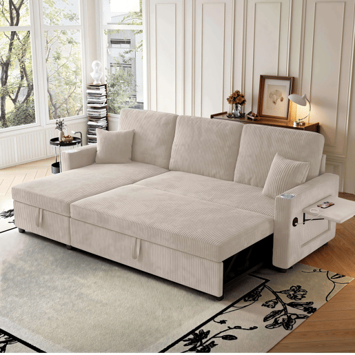 Sofá-cama de canto de 3 lugares - modular com chaise longue, espaço de arrumação e função de cama - Bege Sofá-cama de canto de 3 lugares - modular com chaise longue, espaço de arrumação e função de cama - Bege