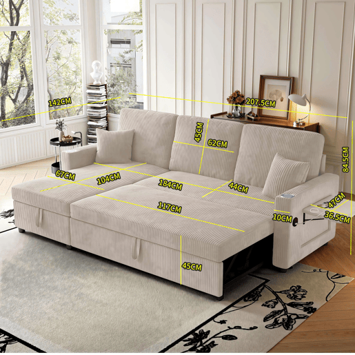 Sofá-cama de canto de 3 lugares - modular com chaise longue, espaço de arrumação e função de cama - Bege Sofá-cama de canto de 3 lugares - modular com chaise longue, espaço de arrumação e função de cama - Bege
