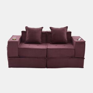 Sofá-cama duplo de 2 lugares u2014 com almofadas, otomana com espaço de arrumação e porta-copos, ideal para leitura e sala de jogos, tecido de veludo cotelê u2014 vermelho vinho