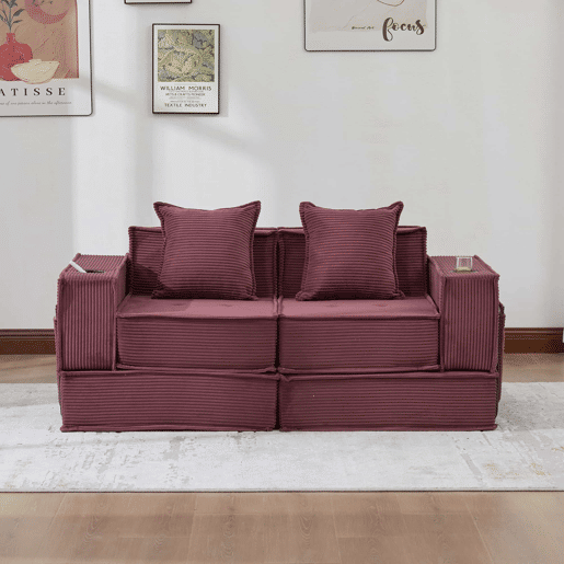Sofá-cama duplo de 2 lugares u2014 com almofadas, otomana com espaço de arrumação e porta-copos, ideal para leitura e sala de jogos, tecido de veludo cotelê u2014 vermelho vinho Sofá-cama duplo de 2 lugares u2014 com almofadas, otomana com espaço de arrumação e porta-copos, ideal para leitura e sala de jogos, tecido de veludo cotelê u2014 vermelho vinho