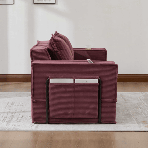 Sofá-cama duplo de 2 lugares u2014 com almofadas, otomana com espaço de arrumação e porta-copos, ideal para leitura e sala de jogos, tecido de veludo cotelê u2014 vermelho vinho Sofá-cama duplo de 2 lugares u2014 com almofadas, otomana com espaço de arrumação e porta-copos, ideal para leitura e sala de jogos, tecido de veludo cotelê u2014 vermelho vinho