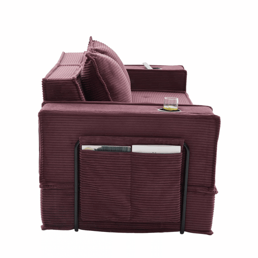 Sofá-cama duplo de 2 lugares u2014 com almofadas, otomana com espaço de arrumação e porta-copos, ideal para leitura e sala de jogos, tecido de veludo cotelê u2014 vermelho vinho Sofá-cama duplo de 2 lugares u2014 com almofadas, otomana com espaço de arrumação e porta-copos, ideal para leitura e sala de jogos, tecido de veludo cotelê u2014 vermelho vinho