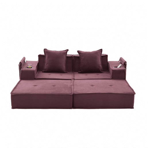 Sofá-cama duplo de 2 lugares u2014 com almofadas, otomana com espaço de arrumação e porta-copos, ideal para leitura e sala de jogos, tecido de veludo cotelê u2014 vermelho vinho Sofá-cama duplo de 2 lugares u2014 com almofadas, otomana com espaço de arrumação e porta-copos, ideal para leitura e sala de jogos, tecido de veludo cotelê u2014 vermelho vinho