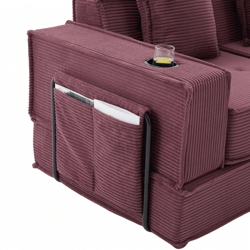 Sofá-cama duplo de 2 lugares u2014 com almofadas, otomana com espaço de arrumação e porta-copos, ideal para leitura e sala de jogos, tecido de veludo cotelê u2014 vermelho vinho Sofá-cama duplo de 2 lugares u2014 com almofadas, otomana com espaço de arrumação e porta-copos, ideal para leitura e sala de jogos, tecido de veludo cotelê u2014 vermelho vinho