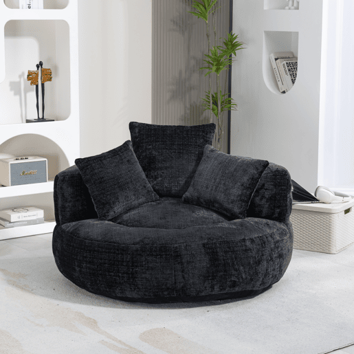 Sofá individual - Lazy Lounger com encosto alto e 3 almofadas - Chenille preta