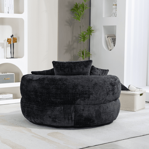 Sofá individual - Lazy Lounger com encosto alto e 3 almofadas - Chenille preta