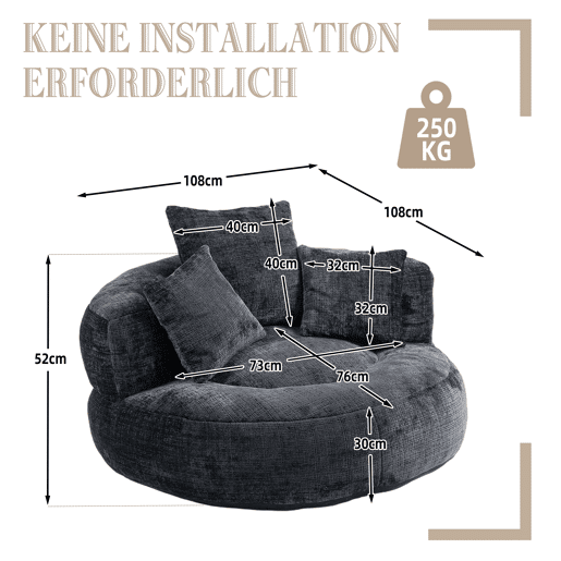 Sofá individual - Lazy Lounger com encosto alto e 3 almofadas - Chenille preta
