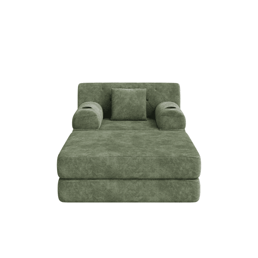 Sofá-cama individual de 1 lugar - reclinável, em veludo, com encosto alto, estrutura metálica, espuma de alta densidade, porta-copos e bolsos laterais - Verde