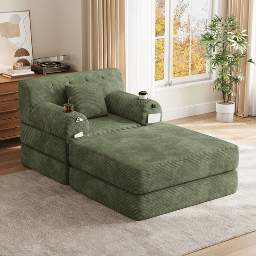 Sofá-cama individual de 1 lugar - reclinável, em veludo, com encosto alto, estrutura metálica, espuma de alta densidade, porta-copos e bolsos laterais - Verde