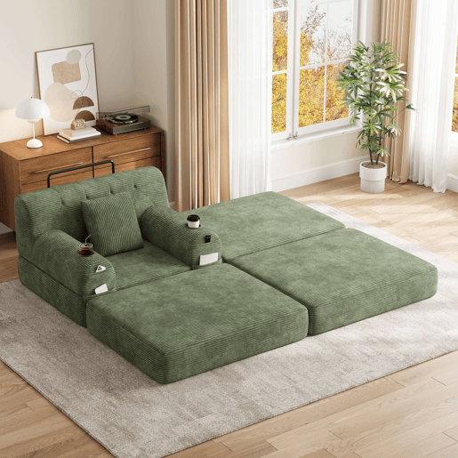 Sofá-cama individual de 1 lugar - reclinável, em veludo, com encosto alto, estrutura metálica, espuma de alta densidade, porta-copos e bolsos laterais - Verde