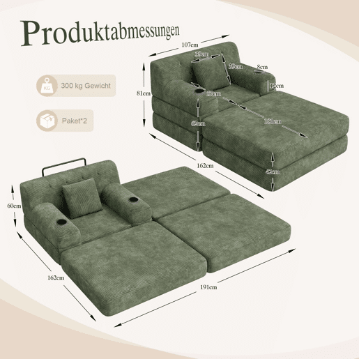 Sofá-cama individual de 1 lugar - reclinável, em veludo, com encosto alto, estrutura metálica, espuma de alta densidade, porta-copos e bolsos laterais - Verde