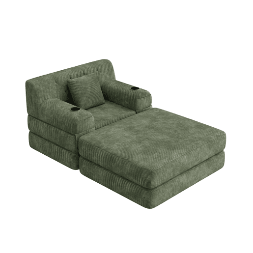 Sofá-cama individual de 1 lugar - reclinável, em veludo, com encosto alto, estrutura metálica, espuma de alta densidade, porta-copos e bolsos laterais - Verde