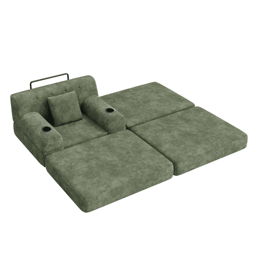 Sofá-cama individual de 1 lugar - reclinável, em veludo, com encosto alto, estrutura metálica, espuma de alta densidade, porta-copos e bolsos laterais - Verde