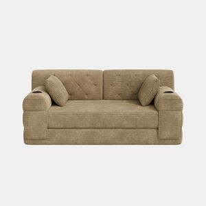 Sofá-cama de 2 lugares - encosto alto, estrutura metálica, espuma de alta densidade, porta-copos e bolsos laterais - Cáqui