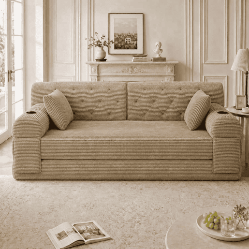 Sofá-cama de 2 lugares - encosto alto, estrutura metálica, espuma de alta densidade, porta-copos e bolsos laterais - Cáqui Sofá-cama de 2 lugares - encosto alto, estrutura metálica, espuma de alta densidade, porta-copos e bolsos laterais - Cáqui